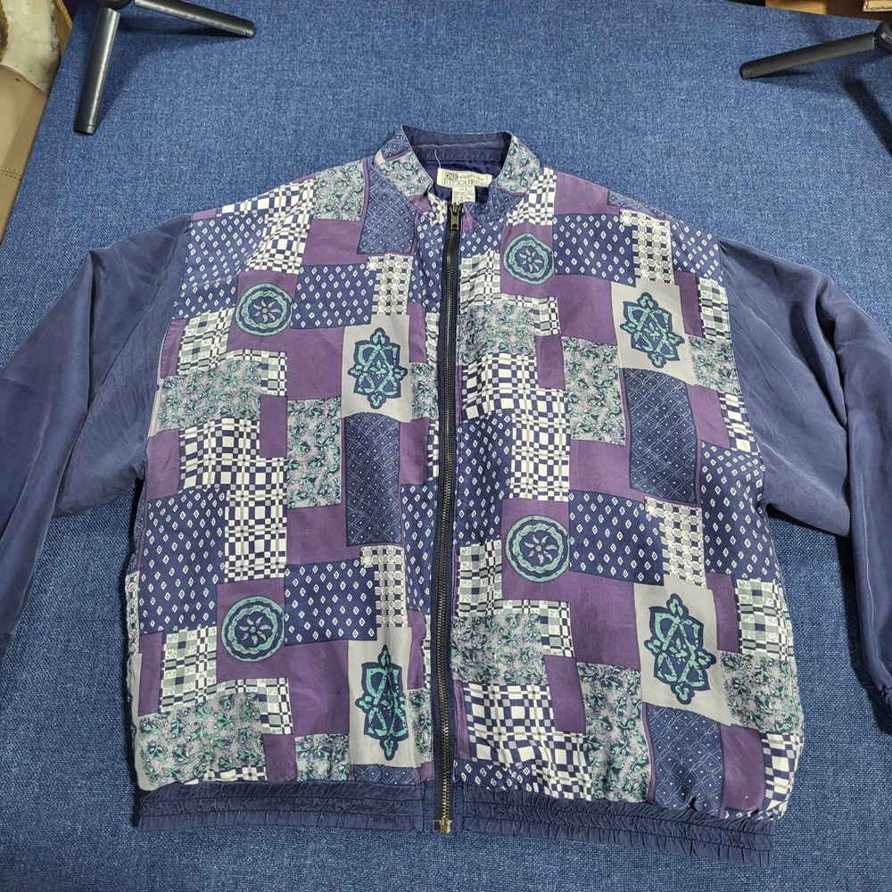 ONE RESOURCE Vintage Silk Patchwork Bomber Jacket Purple Blue Print Zip Up L